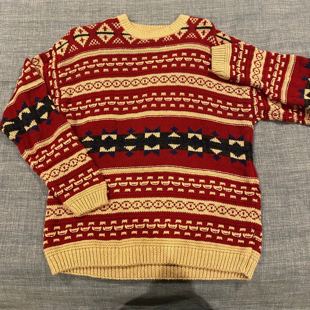 STRUCTURE Red Tan Geometric Pattern Knit Sweater Size M Christmas Grandpa